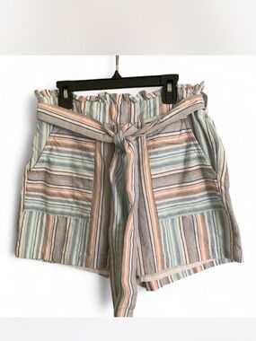 miami Pastel Striped Paperbag Waist Tie Shorts - Blue, Peach, Cream, Gray size S